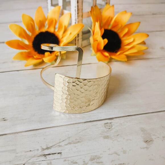 (2) Asymmetrical Gold Tone Cuff Bracelets-Hammered Look, Chic, Elegant - Picture 7 of 13